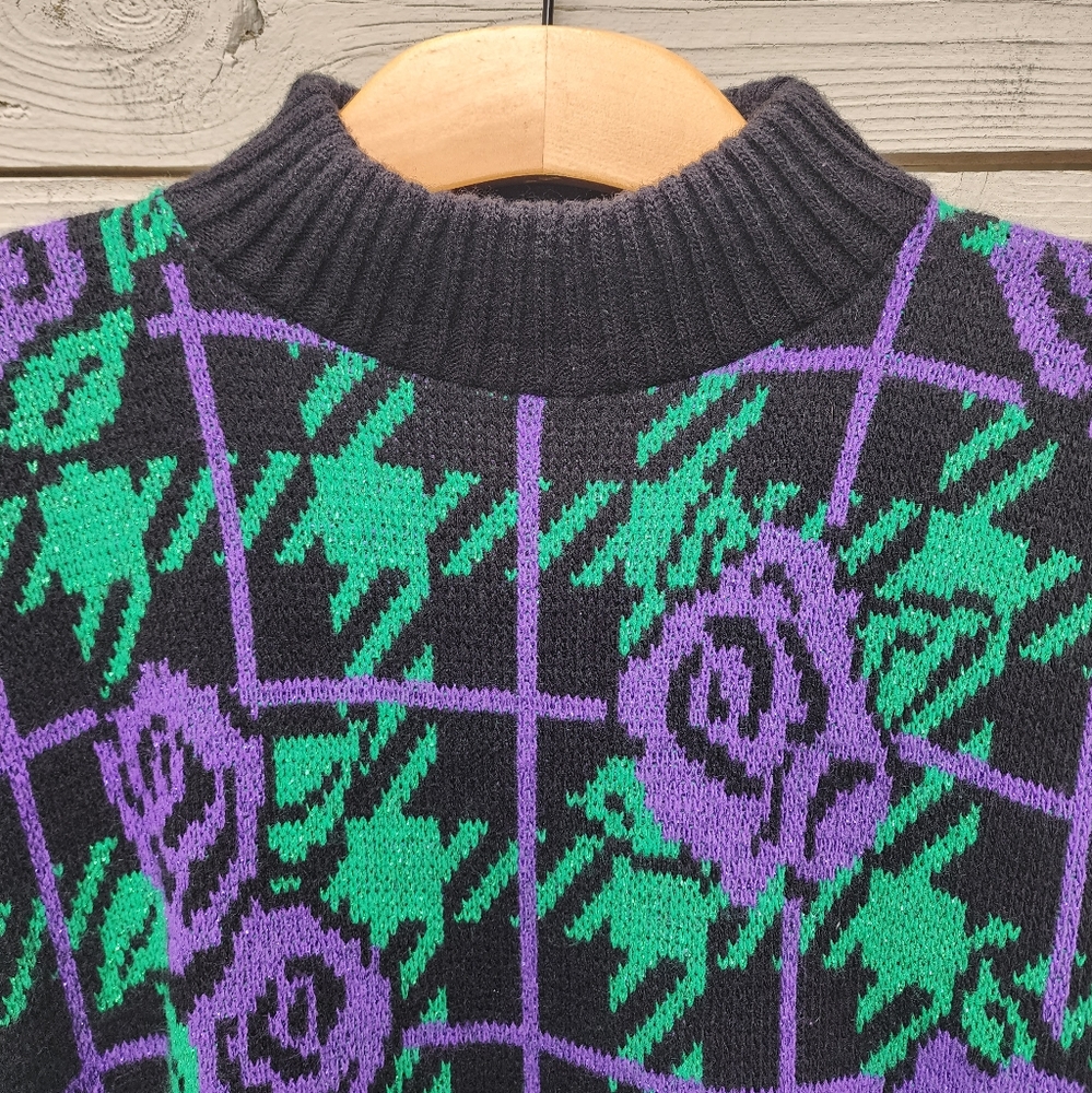 Vintage 80s Adele Knitwear Metallic Rose Floral Sweater - Picture 3 of 7